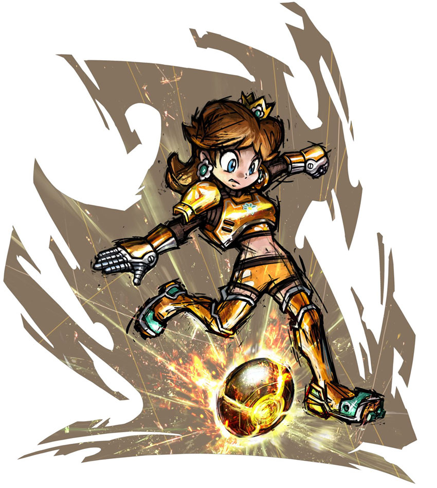 1girl armor ball blue_eyes breastplate brown_hair cleats clenched_hand crown earrings electricity energy flipped_hair flower_earrings gauntlets greaves jewelry long_hair super_mario_bros. mario_strikers_charged masanori_sato midriff navel official_art outstretched_arm pauldrons princess_daisy shorts soccer solo