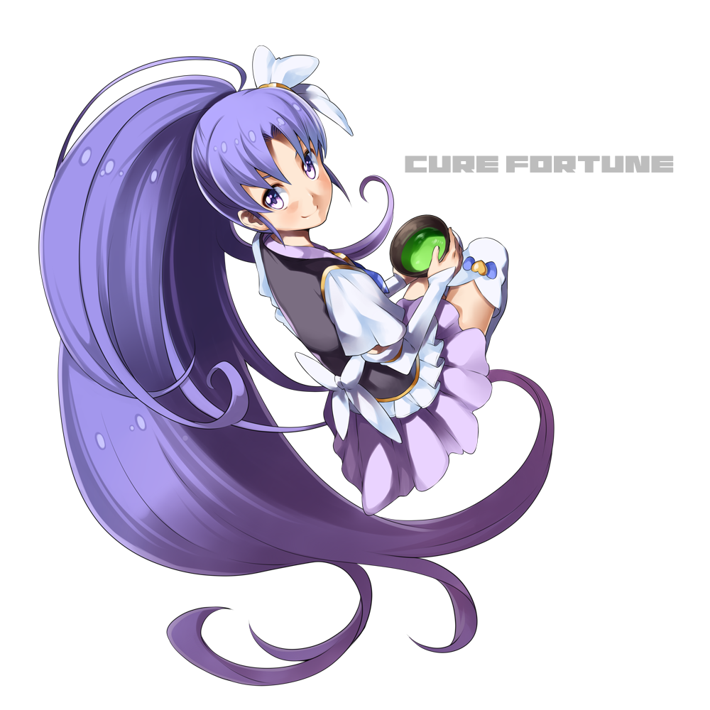 cure_fortune green_tea long_hair looking_back purple_hair smile tea thigh-highs very_long_hair violet_eyes yuuzii zettai_ryouiki