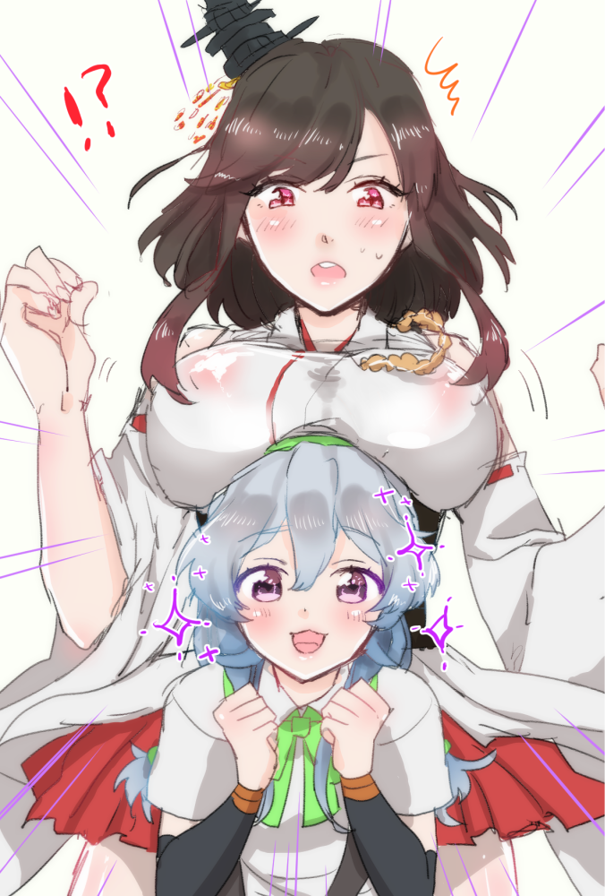 !? 2girls black_hair breast_rest breasts covered_nipples hair_ornament hairband japanese_clothes kantai_collection large_breasts long_hair multiple_girls nontraditional_miko open_mouth red_eyes school_uniform see-through shime short_hair silver_hair smile yamagumo_(kantai_collection) yamashiro_(kantai_collection)