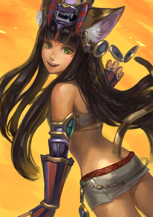 1girl animal_ears back bastet_(p&amp;d) black_hair braid cat_ears cat_tail dark_skin egyptian facial_mark forehead_mark from_behind green_eyes headdress long_hair looking_at_viewer looking_back lotus_(elico) midriff miniskirt open_mouth puzzle_&amp;_dragons single_braid skirt solo tail very_long_hair