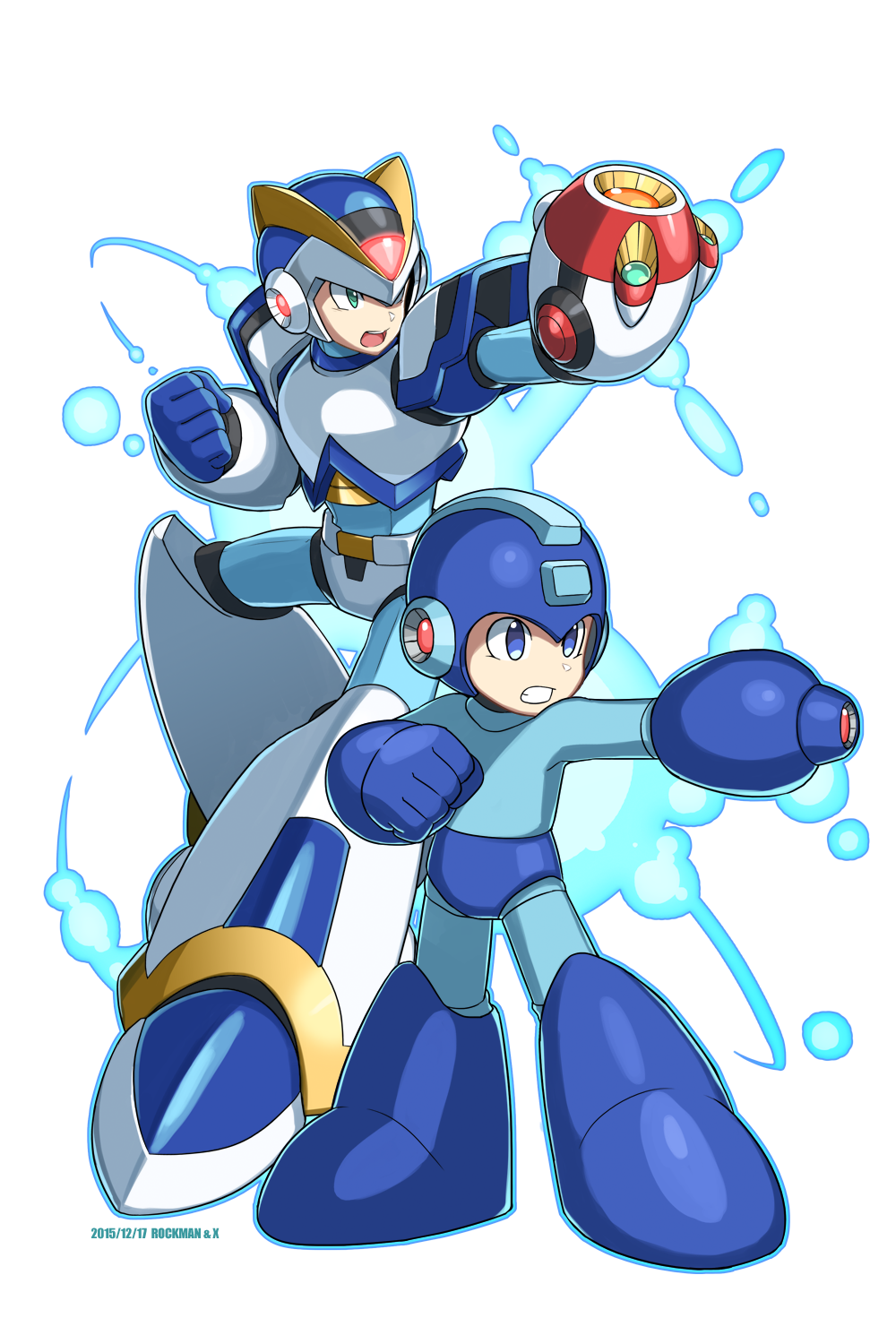 2boys android arm_cannon aura blue_eyes capcom character_name clenched_hand dated green_eyes height_difference helmet highres male_focus multiple_boys no_humans open_mouth robot rockman rockman_(character) rockman_(classic) rockman_x simple_background tonami_kanji weapon white_background x_(rockman)