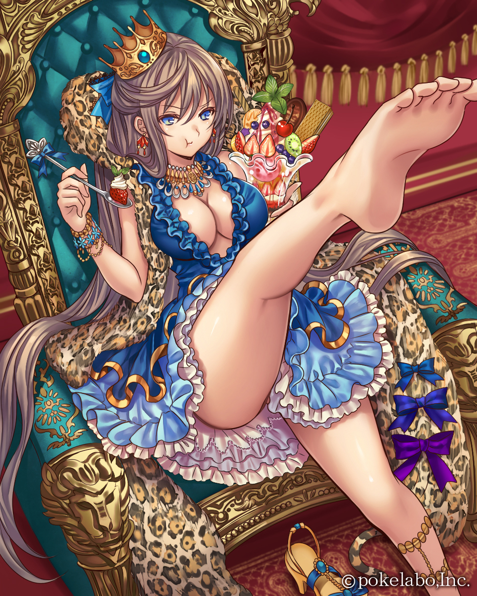 1girl bare_legs barefoot blue_eyes bracelet breasts cape cleavage crown dress eating eikou_no_guardian_battle feet food frilled_dress frills fruit highres ice_cream jewelry large_breasts long_hair madogawa necklace official_art original pov_feet sandals sandals_removed single_sandal soles spoon strawberry sundae throne toes