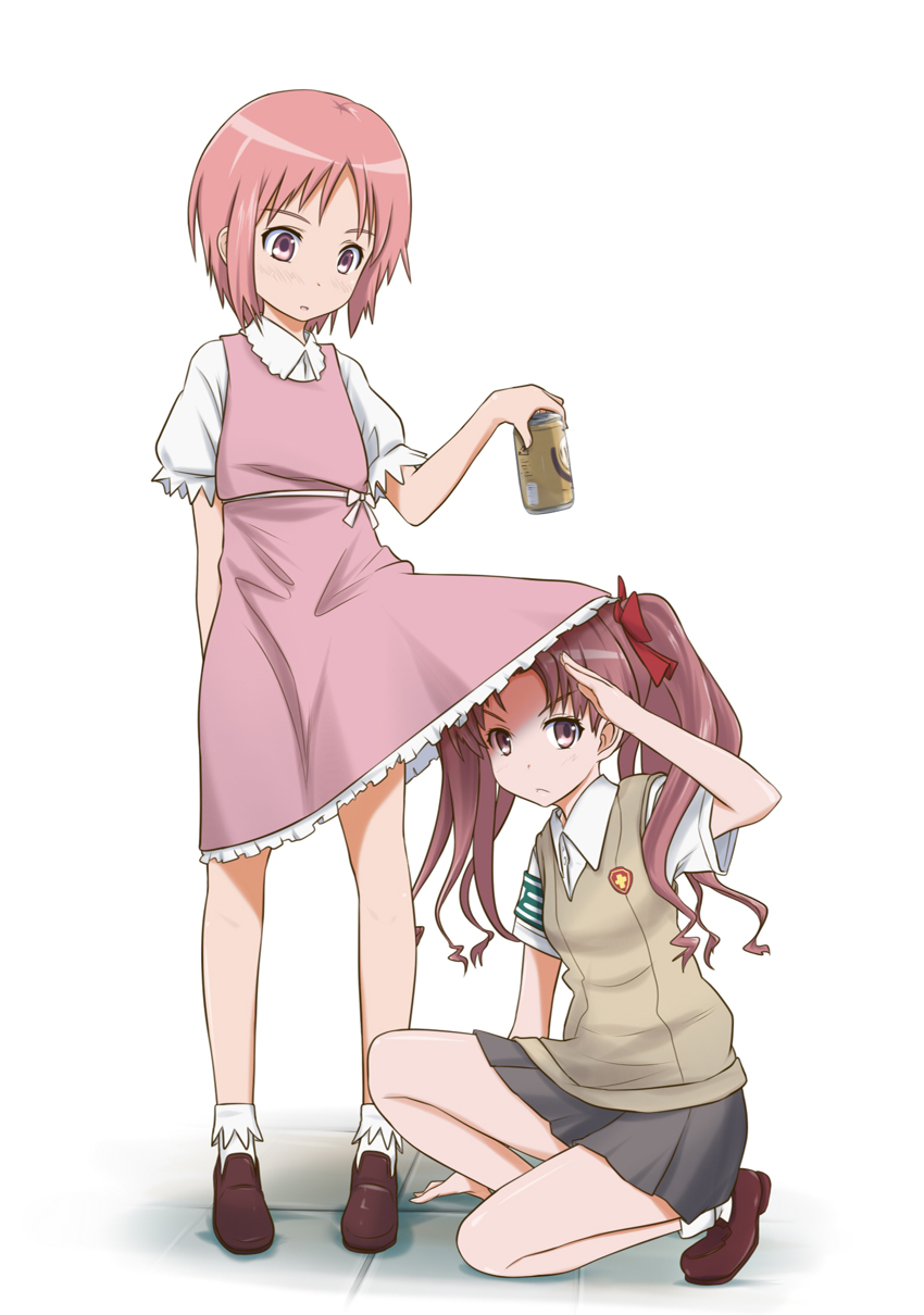 2girls beer_can blush brown_eyes brown_hair hair_ribbon highres katsuo9 long_hair looking_at_viewer multiple_girls one_knee parody pink_eyes pink_hair ribbon salute shirai_kuroko short_hair skirt standing to_aru_majutsu_no_index tsukuyomi_komoe twintails under_dress vest wavy_hair