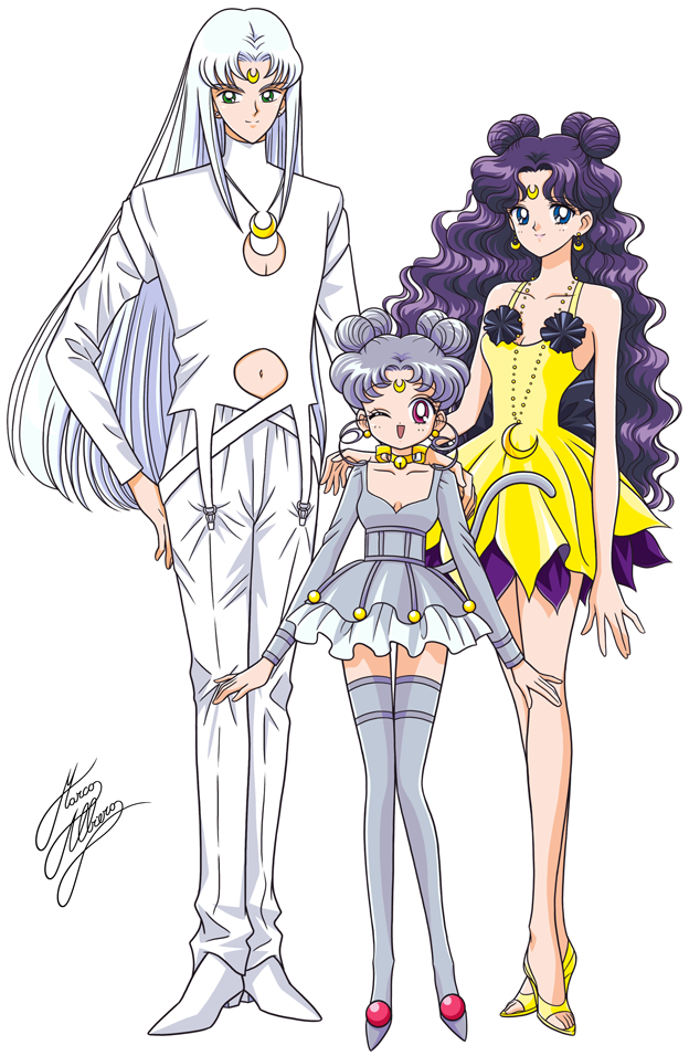 1boy 2girls ;d artemis_(sailor_moon) artemis_(sailor_moon)_(human) bishoujo_senshi_sailor_moon blue_eyes boots cat_tail choker crescent crescent_earrings diana_(sailor_moon) diana_(sailor_moon)_(human) earrings facial_mark father_and_daughter forehead_mark full_body grey_hair grey_legwear grey_skirt hair_bun hand_on_hip jewelry long_hair luna_(sailor_moon) luna_(sailor_moon)_(human) marco_albiero mother_and_daughter multiple_girls one_eye_closed open_mouth open_toe_shoes pants personification purple_hair red_eyes shirt shoes short_hair signature skirt smile standing tail thigh-highs thigh_boots wavy_hair white_background white_hair white_pants white_shirt white_shoes yellow_shoes yellow_skirt