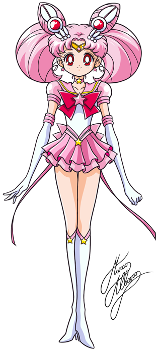1girl bishoujo_senshi_sailor_moon boots bow brooch chibi_usa choker double_bun earrings elbow_gloves full_body gloves hair_ornament hairpin jewelry knee_boots magical_girl marco_albiero pink_bow pink_hair pink_skirt pleated_skirt puffy_sleeves red_bow red_eyes sailor_chibi_moon sailor_collar short_hair signature skirt smile solo standing star star_earrings super_sailor_chibi_moon_(stars) tiara twintails white_background white_boots white_gloves