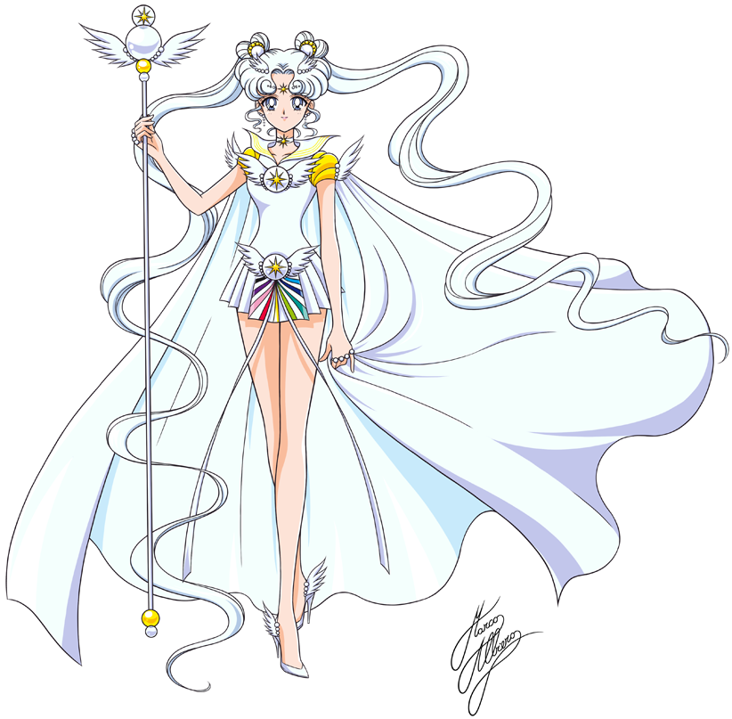 1girl bishoujo_senshi_sailor_moon brooch choker double_bun facial_mark forehead_mark full_body grey_eyes hair_ornament hairpin high_heels jewelry long_hair magical_girl marco_albiero pleated_skirt sailor_collar sailor_cosmos shoes signature skirt smile solo staff standing twintails white_background white_hair white_shoes white_skirt
