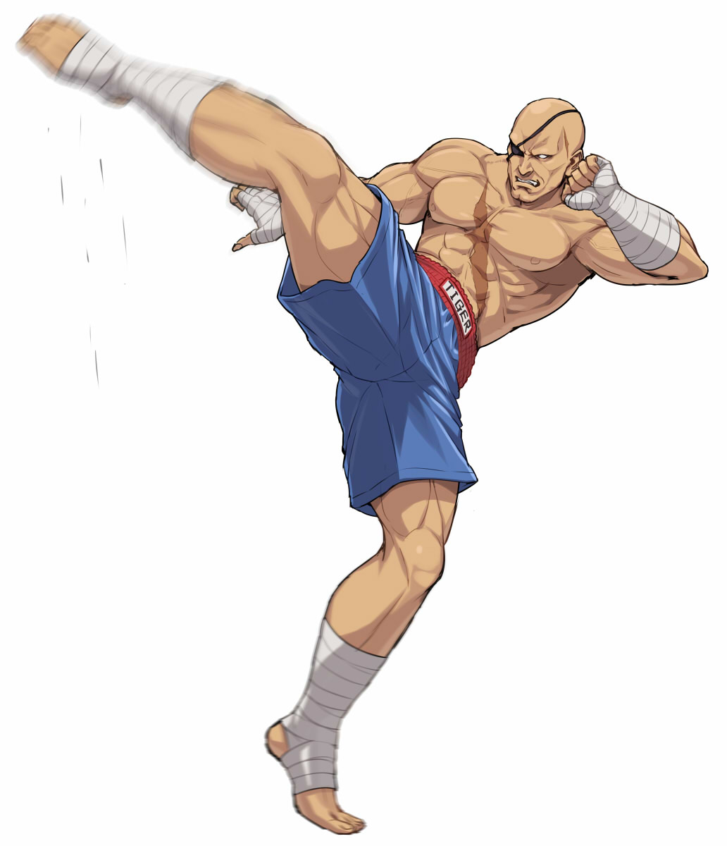 1boy abs bald bandages barefoot eyepatch handwraps highres kicking muscle nigou sagat scar shirtless shorts solo street_fighter street_fighter_ii