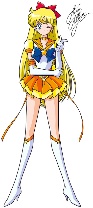 1girl aino_minako bishoujo_senshi_sailor_moon blonde_hair blue_bow blue_eyes boots bow brooch choker earrings elbow_gloves full_body gloves hair_bow jewelry knee_boots long_hair magical_girl marco_albiero one_eye_closed orange_skirt pleated_skirt pointing puffy_sleeves red_bow sailor_collar sailor_venus signature skirt solo standing star star_earrings super_sailor_venus_(stars) tiara white_background white_boots white_gloves yellow_bow