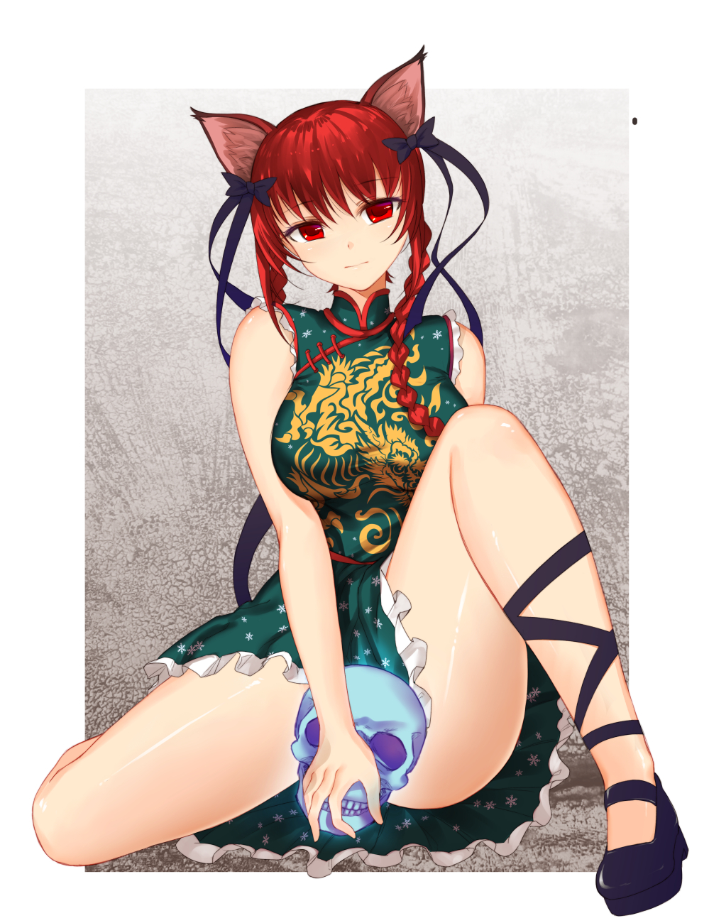 1girl animal_ears bare_arms bare_legs braid cat_ears china_dress chinese_clothes covering covering_crotch dragon_print dress green_dress hair_ribbon highres kaenbyou_rin looking_at_viewer red_eyes redhead ribbon short_dress skull sleeveless sleeveless_dress solo squatting touhou twin_braids x&amp;x&amp;x