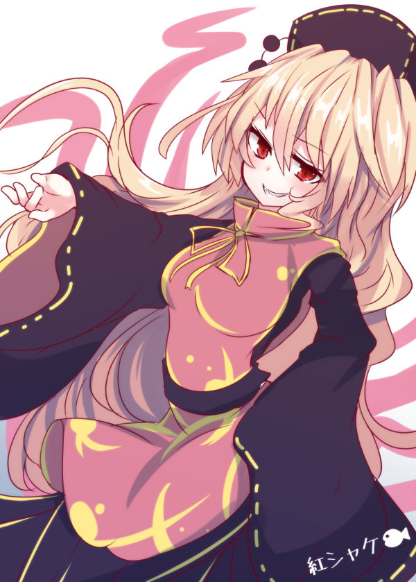 1girl artist_name beni_shake black_dress blonde_hair breasts chinese_clothes crescent_moon dress fox_tail hat junko_(touhou) long_hair long_sleeves looking_at_viewer moon multiple_tails red_eyes ribbon sash simple_background smile smirk solo tabard tail touhou very_long_hair white_background wide_sleeves