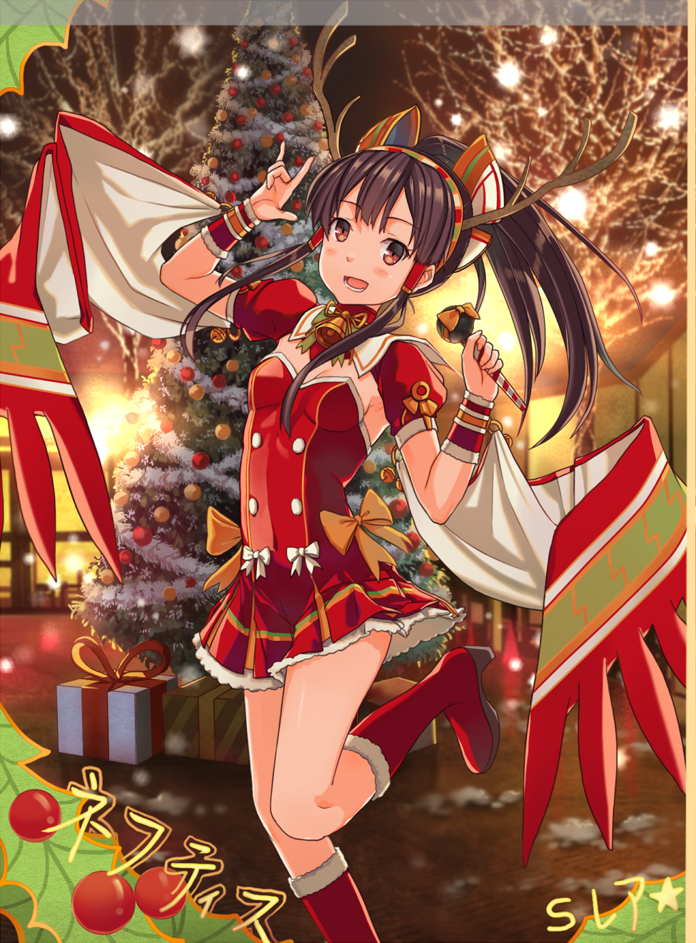 1girl \m/ antlers bell black_hair blush boots bow box bracer brown_eyes choker christmas christmas_tree covered_navel dress gift gift_box hair_tubes hairband highres holly long_hair looking_at_viewer microphone nephthys_(p&amp;d) piza_rokumai ponytail puzzle_&amp;_dragons smile solo standing_on_one_leg