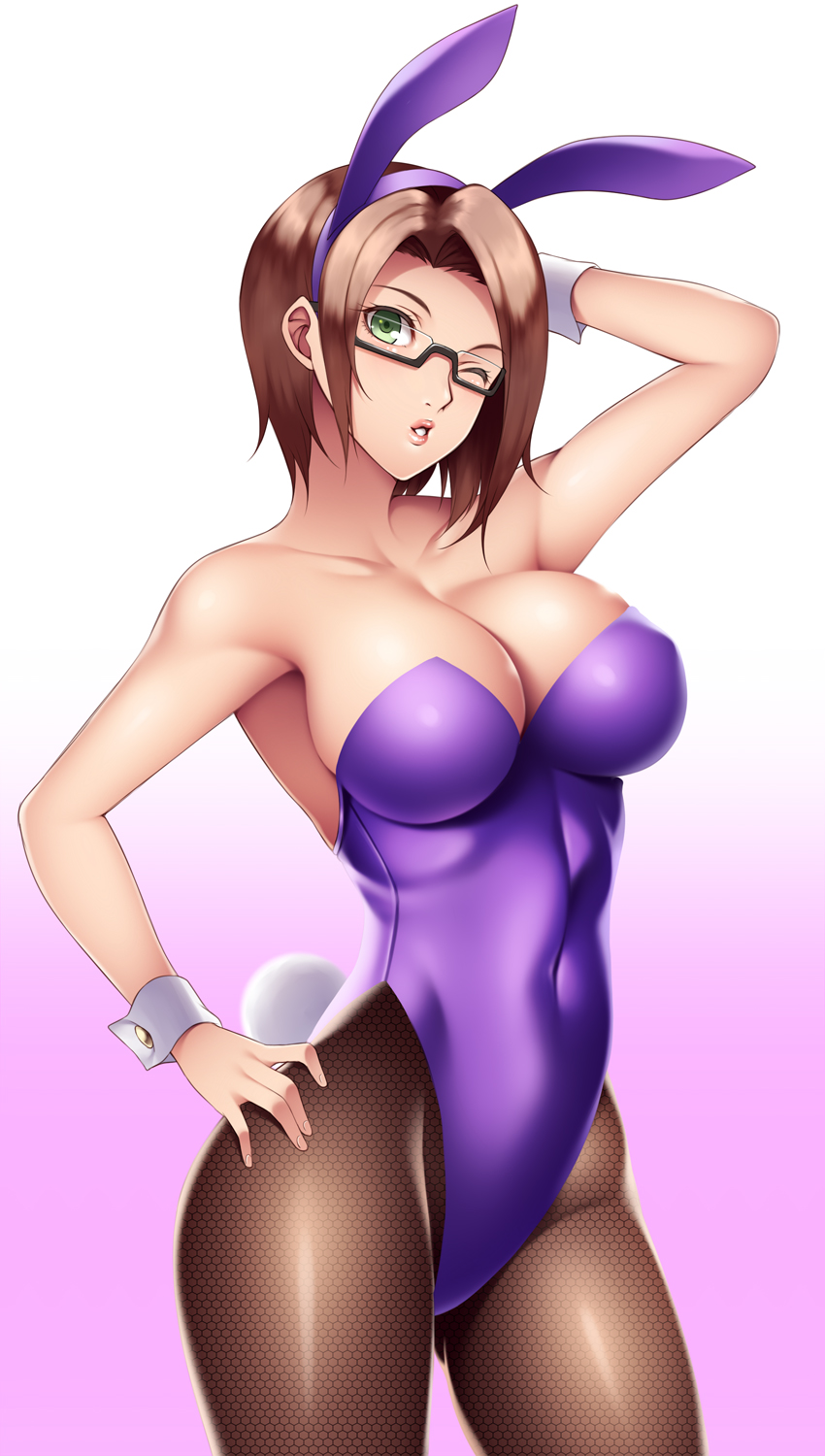 1girl animal_ears armpits bare_shoulders black-framed_glasses brown_hair bunny_girl bunny_tail bunnysuit collarbone covered_navel cowboy_shot eyelashes fake_animal_ears fishnet_pantyhose fishnets glasses god_eater god_eater_2:_rage_burst gradient gradient_background hairband hand_on_hip hand_on_own_head head_tilt hexagon highres izayoi_kaname looking_at_viewer one_eye_closed pantyhose pink_lips player_(god_eater_2) rabbit_ears semi-rimless_glasses short_hair solo tail under-rim_glasses wrist_cuffs