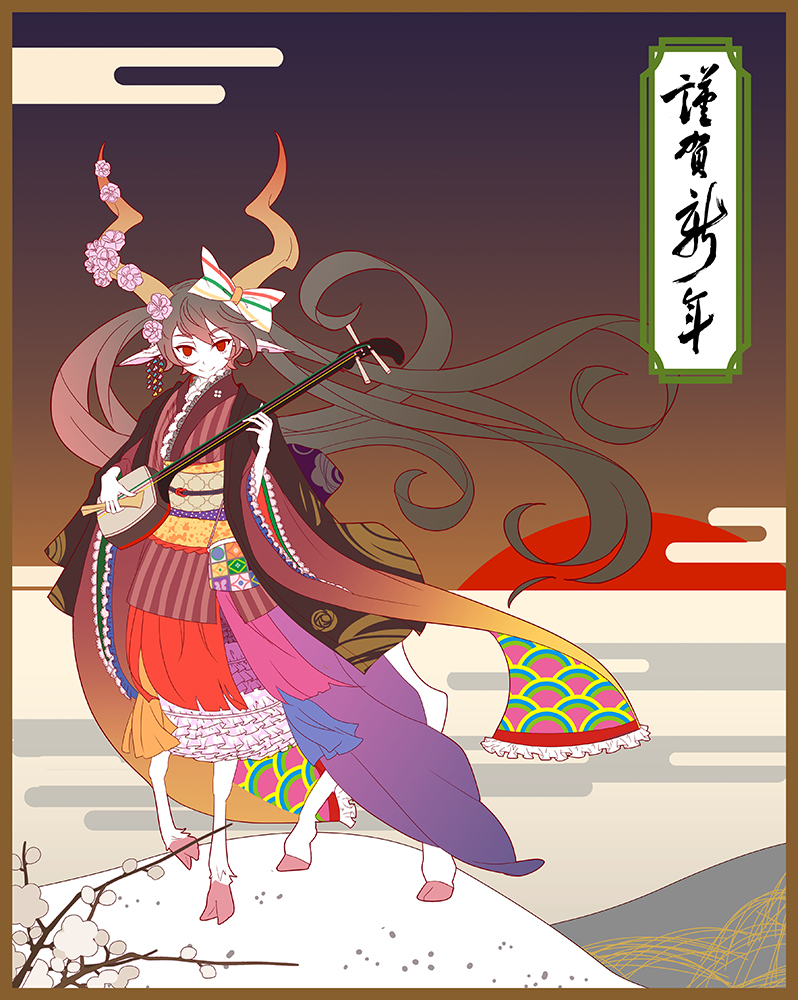 1girl animal_ears branch centaur cherry_blossoms clouds horns instrument japanese_clothes long_hair pale_skin red_eyes saber_01 shamisen smile sunset twintails very_long_hair white_skin