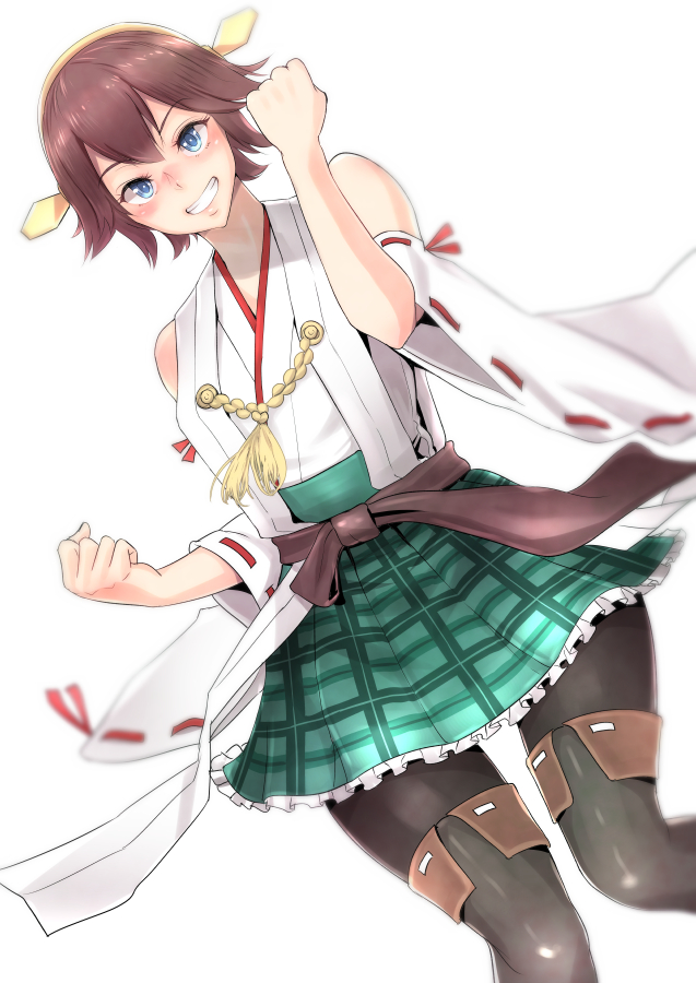 1girl bifidus black_legwear blue_eyes brown_hair clenched_hands detached_sleeves fist_pump green_skirt grin hair_between_eyes hair_ornament hiei_(kantai_collection) japanese_clothes kantai_collection nontraditional_miko pantyhose plaid plaid_skirt short_hair skirt skirt_set smile solo wide_sleeves