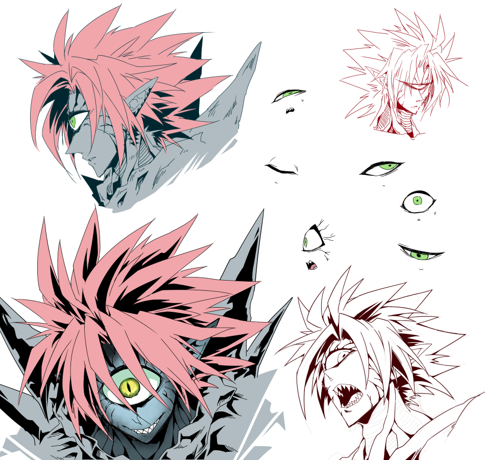 0nodera 1boy alien cyclops facial_expressions green_eyes lord_boros male_focus monochrome one-eyed onepunch_man pink_hair pointy_ears sharp_teeth solo spiky_hair yellow_eyes