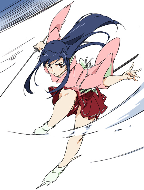 1girl :o attack brown_eyes japanese_clothes katana leg_up long_hair looking_to_the_side purple_hair solo swing swinging sword umanosuke weapon