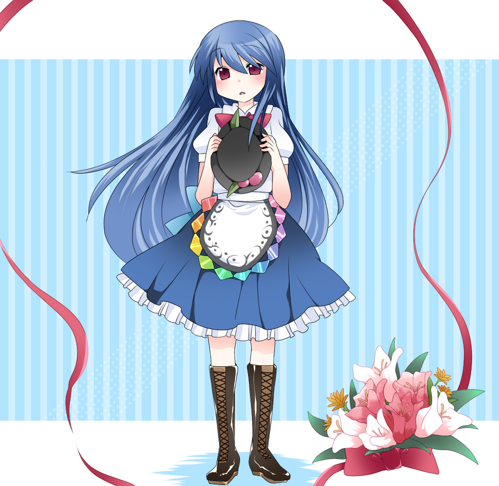 1girl blue_background blue_hair blush boots cross-laced_footwear floral_background flower food fruit full_body hammer_(sunset_beach) hat hat_removed headwear_removed hinanawi_tenshi lace-up_boots long_hair looking_at_viewer open_mouth peach red_eyes ribbon solo standing touhou vertical-striped_background vertical_stripes very_long_hair