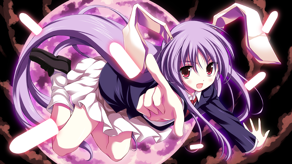 1girl animal_ears blazer clouds danmaku folded_leg full_moon jumping loafers long_hair long_sleeves looking_at_viewer moon necktie night night_sky odawara_hakone open_mouth outstretched_hand pleated_skirt pointing purple_hair purple_moon rabbit_ears red_eyes reisen_udongein_inaba shoes skirt sky socks solo touhou very_long_hair