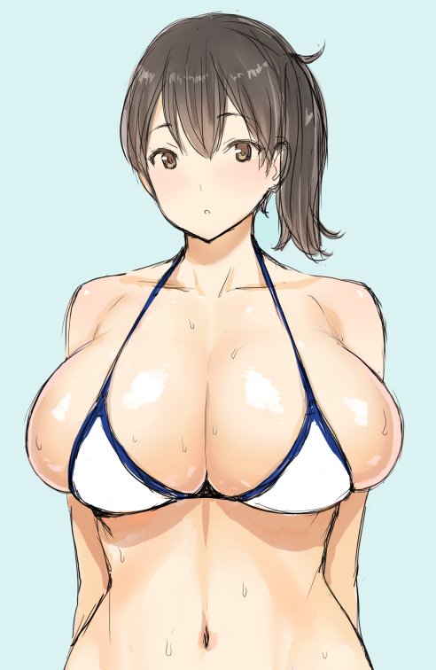 1girl black_hair blue_background blush breasts brown_eyes cleavage collarbone huge_breasts kaga_(kantai_collection) kantai_collection looking_at_viewer navel poin_(hidsuki) side_ponytail simple_background solo wet
