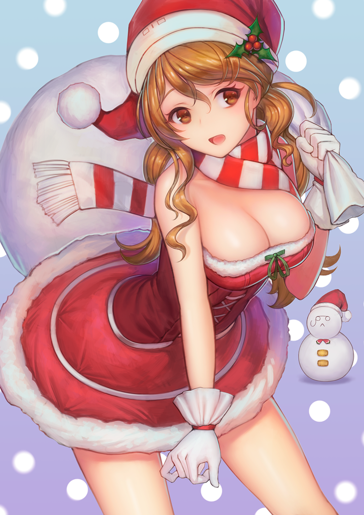 1girl :&lt; alternate_costume bangs bare_shoulders blue_background bow breasts brown_eyes brown_hair carrying_over_shoulder christmas christmas_ornaments cleavage cross-laced_clothes dress eyelashes fur_trim gloves gradient gradient_background green_bow green_ribbon hair_between_eyes hat kantai_collection large_breasts leaning_forward legs_apart littorio_(kantai_collection) long_hair looking_to_the_side mistletoe polka_dot polka_dot_background pom_pom_(clothes) purple_background red_eyes red_hat red_ribbon ribbon sack santa_costume santa_hat scarf snowman solo strapless_dress striped striped_scarf swept_bangs the_roma-like_snowman twintails urokoda white_gloves