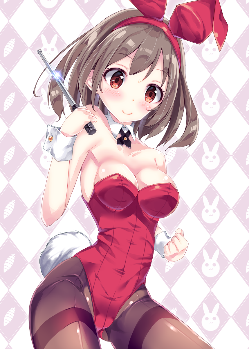 1girl animal_ears armpits bangs bare_shoulders black_legwear blush breasts brown_hair bunny_girl bunny_tail bunnysuit checkered checkered_background cleavage clenched_hand contrapposto cowboy_shot detached_collar expandable_baton fake_animal_ears fukuda_shuushi hairband highres holding_weapon large_breasts leotard light_brown_eyes looking_at_viewer off_shoulder original pantyhose rabbit_ears short_hair smile solo strapless strapless_leotard tail thigh-highs weapon wrist_cuffs