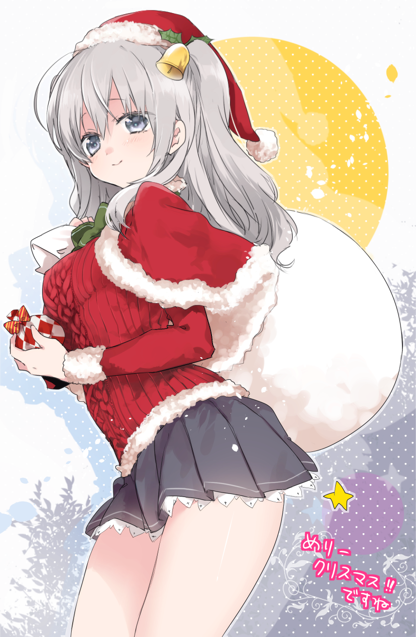 ! 1girl argyle bag bangs bell blush bow capelet carrying_over_shoulder christmas christmas_ornaments closed_mouth fur_trim green_bowtie grey_eyes grey_hair grey_skirt hair_bell hair_ornament hat highres holding kantai_collection kashima_(kantai_collection) long_hair long_sleeves miniskirt mistletoe pleated_skirt polka_dot polka_dot_background red_hat sack santa_costume santa_hat sino_(sionori) sketch skirt smile solo striped striped_bow sweater two_side_up