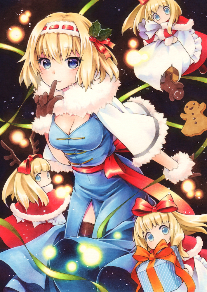 1girl alice_margatroid antlers apron bag blonde_hair blue_dress blue_eyes bow box breasts brown_gloves brown_legwear capelet cleavage cleavage_cutout cookie dress finger_to_mouth food funnyfunny gift gift_box gloves hair_bow hairband long_hair looking_at_viewer marker red_dress reindeer_antlers santa_costume shanghai_doll shushing slit smile thigh-highs touhou traditional_media waist_apron zettai_ryouiki