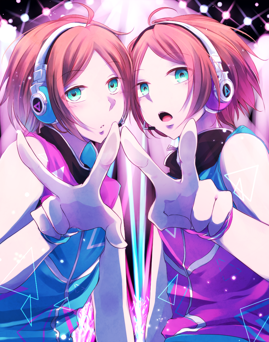 2boys aoi_hinata aoi_yuuta aqua_eyes brothers brown_hair ensemble_stars! headphones hinata_(uzukitten) male_focus multiple_boys short_hair siblings tank_top twins v