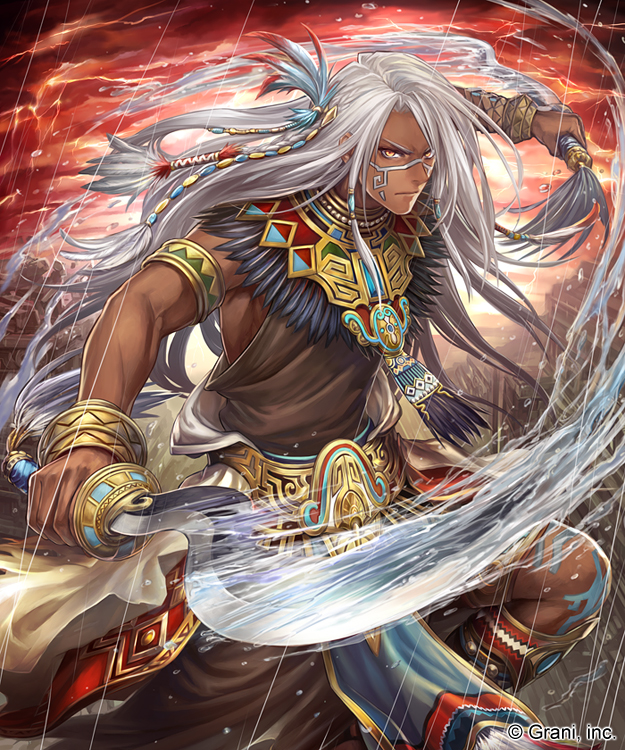 1boy armlet armpits backlighting belt bodypaint boots bracelet braid dark_skin dual_wielding facepaint facial_mark feathers hair_feathers hair_tubes hayamaruna holding_sword holding_weapon indian_clothes jewelry knee_boots long_hair looking_at_viewer motion_blur necklace official_art original pearl_necklace serious shingoku_no_valhalla_gate slashing splashing sun sunset sword traditional_clothes very_long_hair water watermark weapon white_hair wrist_cuffs yellow_eyes