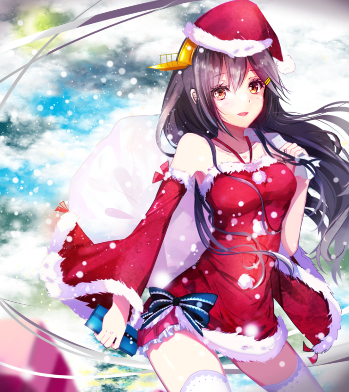 1girl :d bare_shoulders black_hair blurry blush bow box carrying_over_shoulder christmas cowboy_shot detached_sleeves dress fur_trim gift gift_box hair_ornament hairclip haruna_(kantai_collection) hat headgear kantai_collection long_hair nekomaaro open_mouth red_dress red_hat remodel_(kantai_collection) santa_costume santa_hat smile snowing solo striped striped_bow thigh-highs white_legwear wide_sleeves yellow_eyes zettai_ryouiki