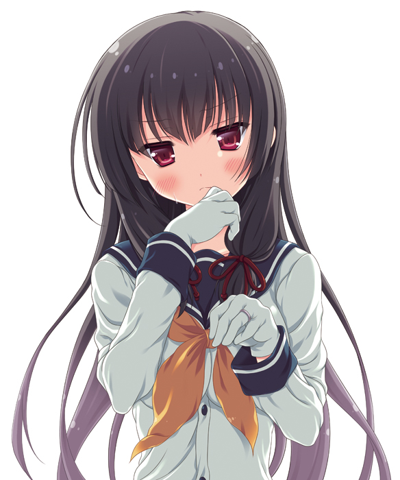 1girl blush brown_hair buttons frown gloves hair_ribbon hand_to_own_mouth head_tilt isokaze_(kantai_collection) jewelry kantai_collection long_hair long_sleeves neckerchief odawara_hakone red_eyes red_ribbon ribbon ring shirt simple_background solo sweatdrop upper_body very_long_hair white_background white_gloves white_shirt yellow_ribbon