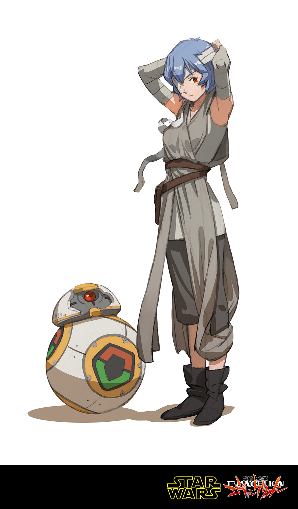 armpits arms_behind_head arms_up ayanami_rei bandages bb-8 blue_hair commentary copyright_name crossover eva_00 highres logo namesake neon_genesis_evangelion one_eye_covered pun red_eyes rey_(star_wars) rey_(star_wars)_(cosplay) short_hair star_wars star_wars:_the_force_awakens sunkist