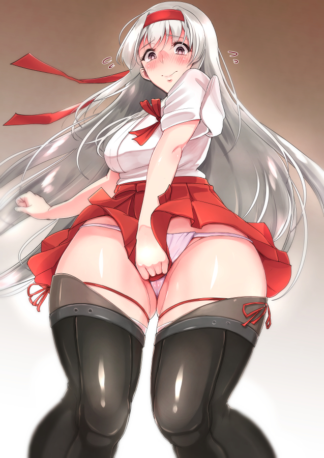1girl alternate_costume bangs bifidus black_legwear blush covering covering_crotch embarrassed flying_sweatdrops from_below full-face_blush fundoshi gradient gradient_background grey_eyes grey_hair hairband holding_skirt japanese_clothes kantai_collection long_hair looking_at_viewer miniskirt shoukaku_(kantai_collection) skirt skirt_set skirt_tug solo tasuki thigh-highs very_long_hair wavy_mouth
