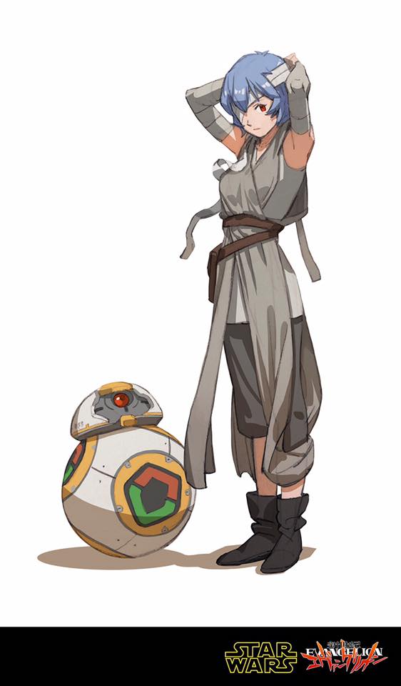 armpits arms_up ayanami_rei bandages bb-8 copyright_name crossover eva_00 logo neon_genesis_evangelion pun rey_(star_wars) rey_(star_wars)_(cosplay) star_wars star_wars:_the_force_awakens sunkist