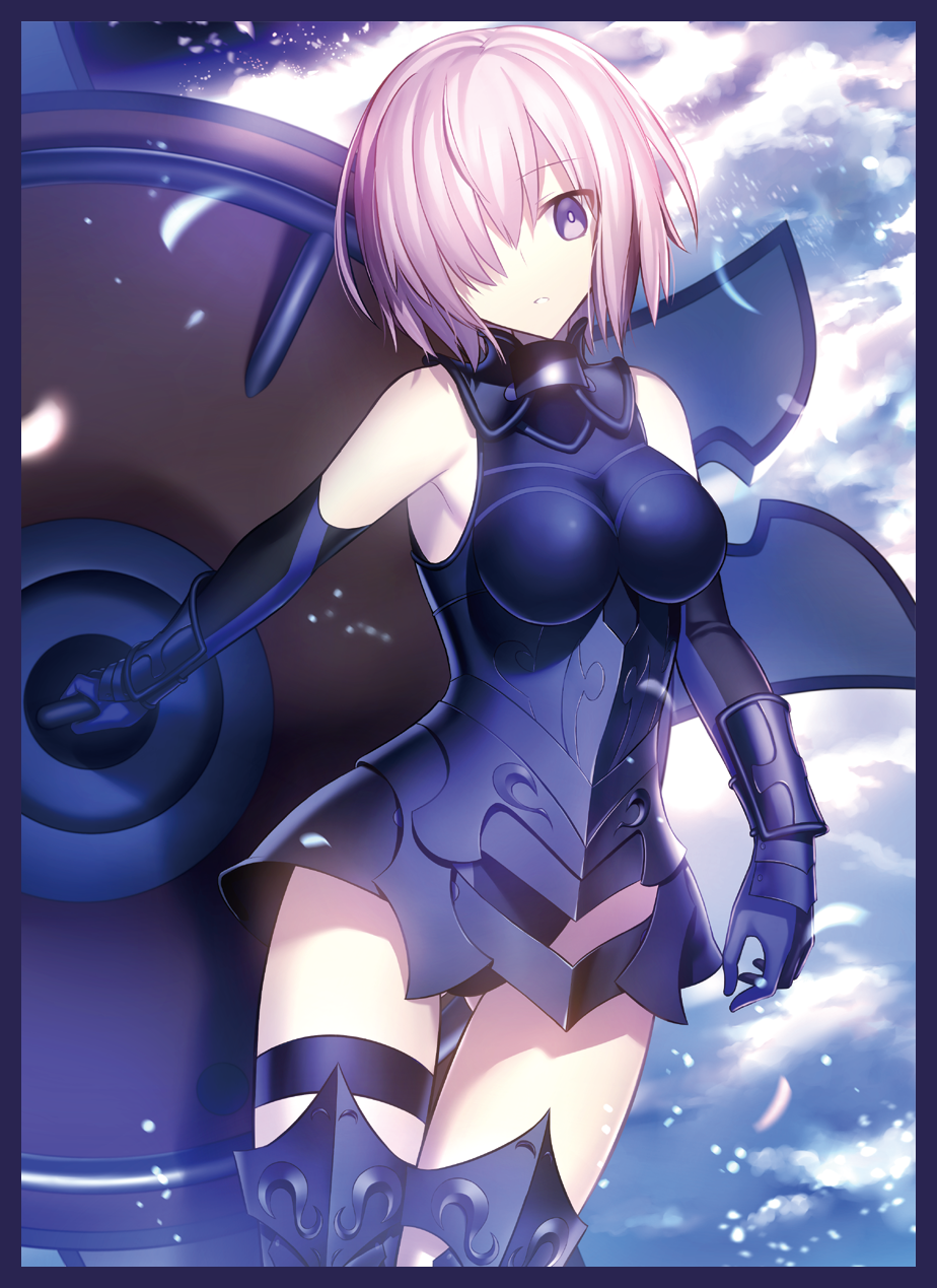 1girl :o armor armored_dress ass_visible_through_thighs azusa_(sarie303030) bare_shoulders black_border black_panties border expressionless fate/grand_order fate_(series) gauntlets hair_over_one_eye highres leg_garter panties parted_lips petals pink_hair shield shielder_(fate/grand_order) short_hair skin_tight standing teeth thigh_gap underwear