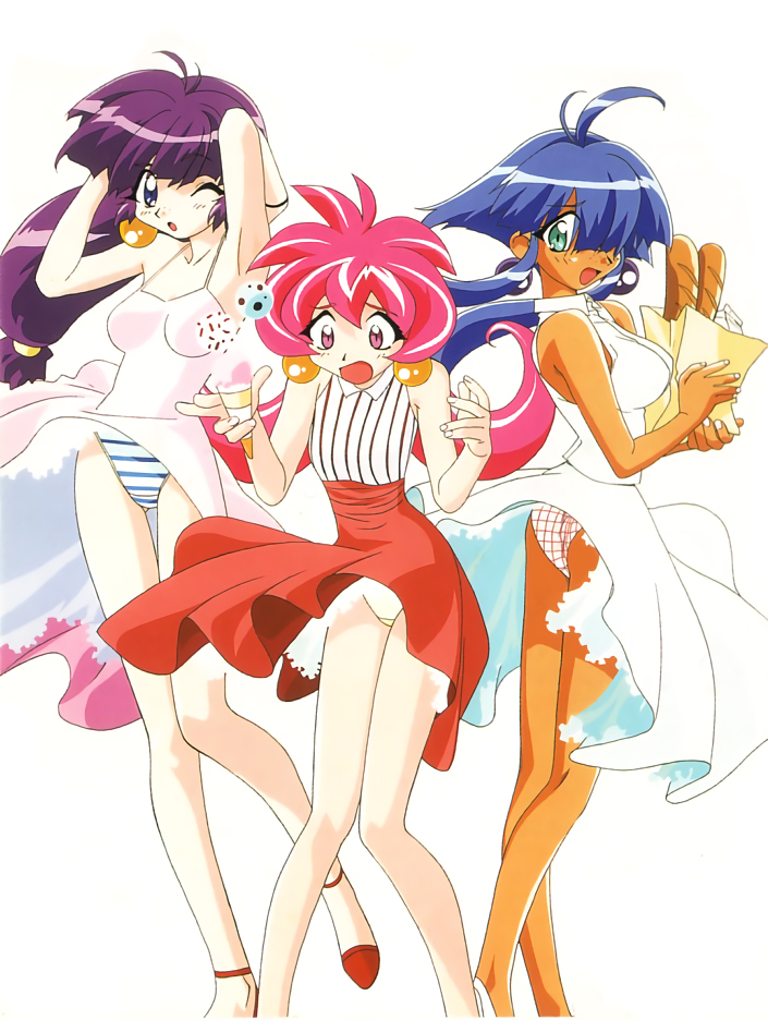 3girls 90s :o aqua_eyes arms_up ass bag baguette bare_legs blue_hair bread cacao_(lamune) dark_skin dress earrings food grocery_bag ice_cream_cone jewelry layered_skirt long_hair multiple_girls official_art one_eye_covered open_mouth panties parfait_(lamune) pink_eyes pink_hair purple_hair shopping_bag simple_background spaghetti_strap striped striped_panties sundress underwear vertical_stripes vs_knight_lamune_&amp;_40_fresh white_background wind_lift