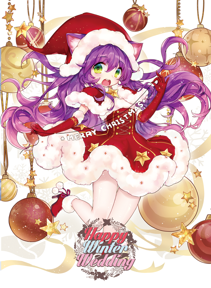 1girl blush boots breasts christmas_ornaments gloves green_eyes hat joypyonn league_of_legends long_hair looking_at_viewer lulu_(league_of_legends) merry_christmas purple_hair red_gloves santa_boots santa_costume santa_hat solo star string