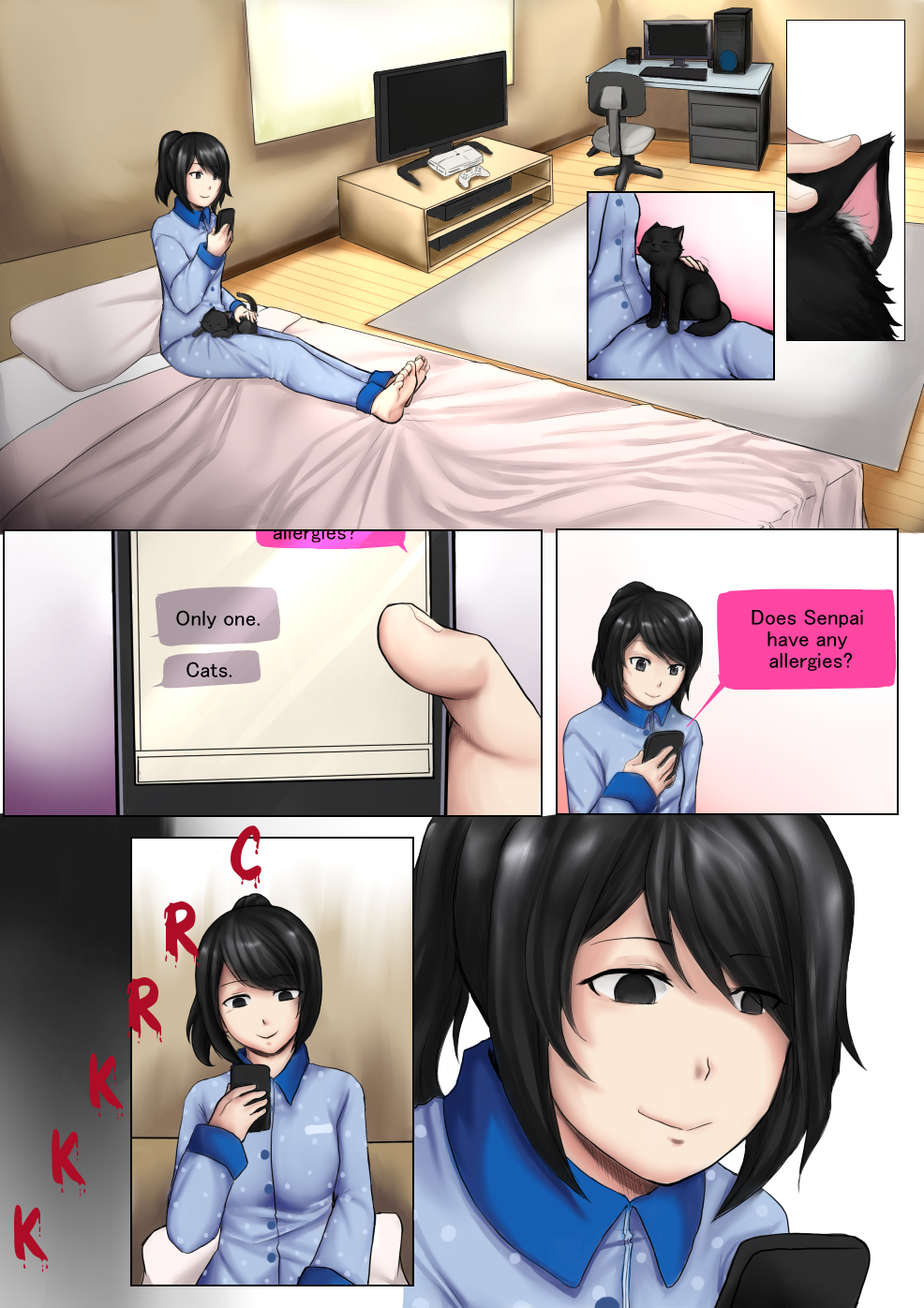 1girl achromatic barefoot bed bedroom black_cat black_eyes black_hair cat cellphone comic computer controller desk empty_eyes english game_console game_controller highres murder pajamas phone ponytail television texting yandere-chan yandere_simulator