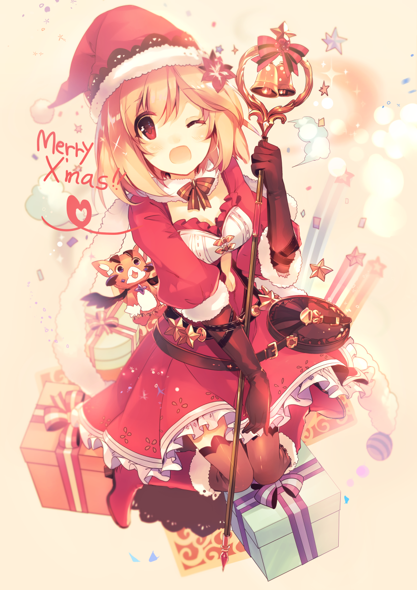 1girl ;d alternate_costume ball bangs beige_background belt black_gloves blonde_hair blush boots bowtie box character_request christmas confetti djeeta_(granblue_fantasy) dress flower frills fur_trim gift gift_box gloves granblue_fantasy hair_flower hair_ornament hat holding_staff kirero knee_boots kneeling lace merry_christmas navel navel_cutout one_eye_closed open_mouth red_boots red_dress red_eyes red_flower red_hat ribbon santa_costume santa_hat scarf short_hair smile smoke sparkle star striped striped_bowtie striped_ribbon thigh-highs