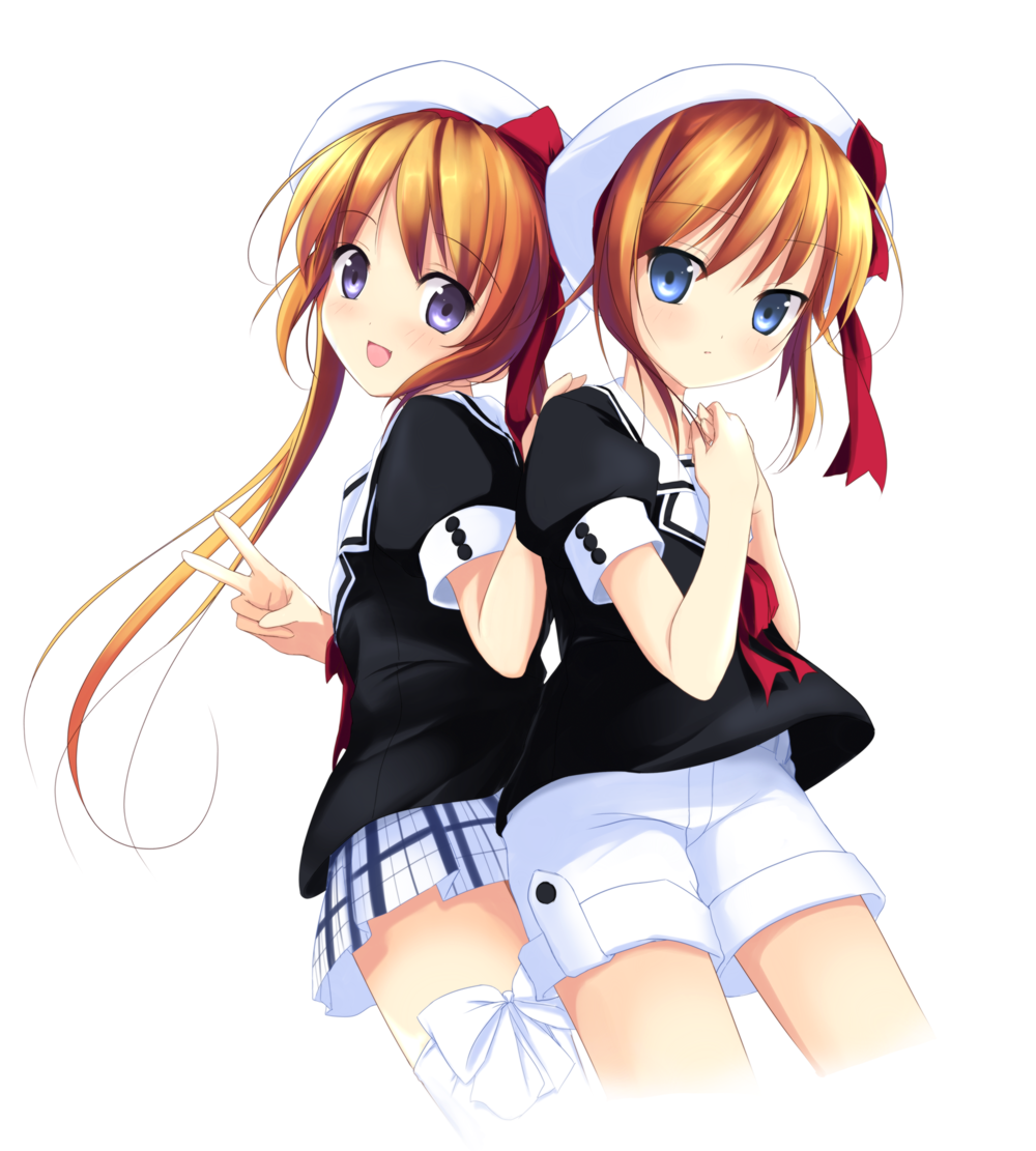 2girls :d back-to-back bangs beret black_serafuku blue_eyes blush bow character_request hand_on_another's_shoulder hands_on_own_chest hands_together happy hat hat_bow key_(company) long_hair looking_at_viewer looking_back multiple_girls mycstea open_mouth orange_hair plaid plaid_skirt pleated_skirt puffy_short_sleeves puffy_sleeves red_bow red_ribbon ribbon school_uniform serafuku short_hair short_shorts short_sleeves shorts shy side_ponytail simple_background skirt smile thigh-highs v violet_eyes white_background white_hat white_legwear zettai_ryouiki