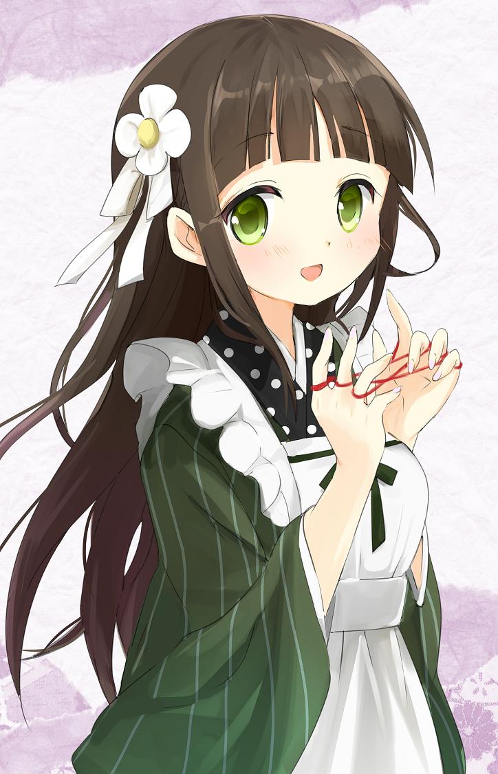 1girl :d ama_usa_an_uniform blush brown_hair cat's_cradle flower gochuumon_wa_usagi_desu_ka? green_eyes hair_flower hair_ornament long_hair looking_at_viewer open_mouth sidelocks simple_background smile solo tsubaki_(tatajd) ujimatsu_chiya upper_body