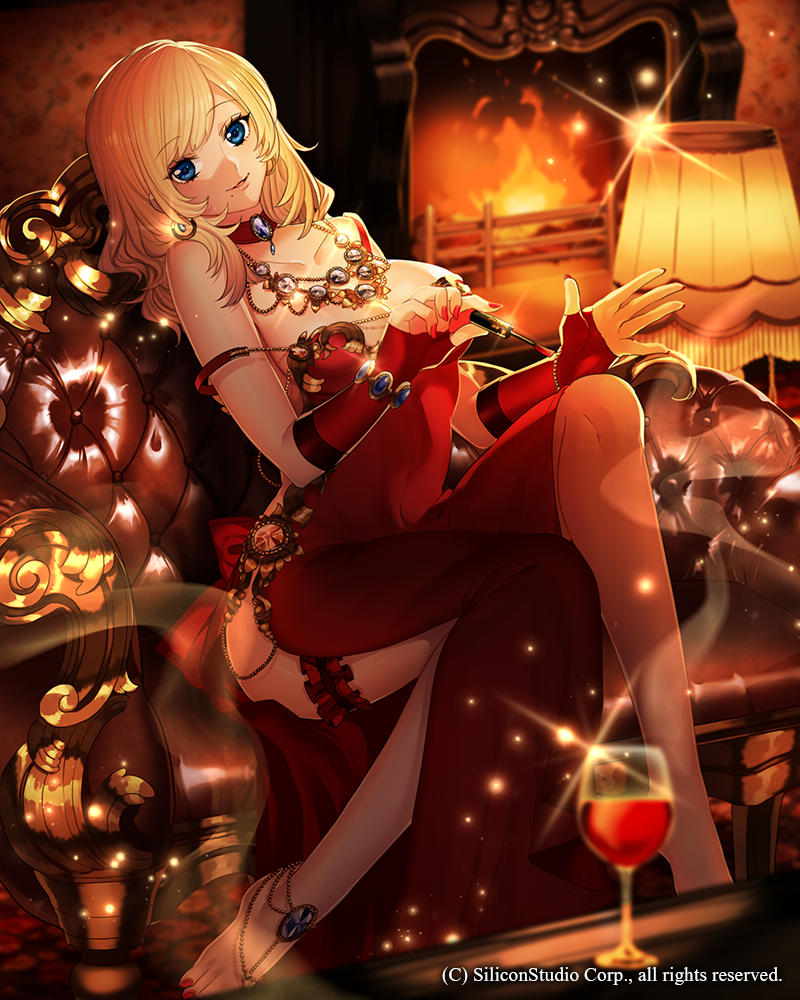 1girl alcohol anklet bangs bare_shoulders barefoot_sandals beads blue_eyes blurry blush bracelet breasts brooch checkered checkered_floor choker collarbone company_name couch crossed_legs cup depth_of_field dress drinking_glass earrings eyebrows eyebrows_visible_through_hair fingerless_gloves fire fireplace garters gloves gyakushuu_no_fantasica holding indoors jewelry katagiri_hachigou lamp large_breasts long_hair looking_at_viewer mole mole_under_mouth nail_polish necktie no_shoes official_art parted_lips polishing red_dress red_gloves red_nails side_slit sitting_on_chair solo sparkle strap_slip strapless_dress wine wine_glass