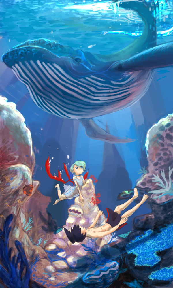 1girl air_bubble anklet ass barefoot black_hair blue_eyes breath breath_of_fire breath_of_fire_v bubble clam coral_reef diving dress facial_mark forehead_mark freediving fuyuba_(hiayusea19670215) green_hair holding_breath jewelry nina_(breath_of_fire_v) red_wings rock ryuu_(breath_of_fire_v) see-through shirtless short_hair shorts swim_trunks swimming tattoo underwater whale wings