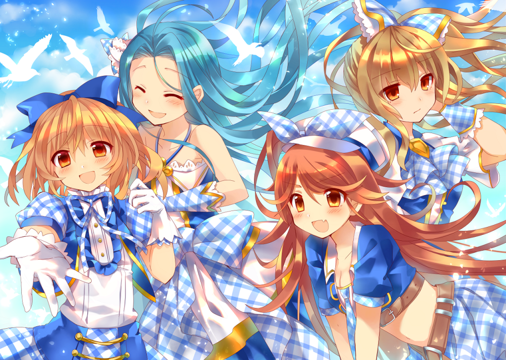 4girls belt bird blonde_hair blue_hair blue_sky bow breasts brown_eyes brown_hair cleavage closed_eyes clouds crop_top djeeta_(granblue_fantasy) elbow_gloves fang gloves granblue_fantasy hair_bow hat jin_rikuri kozakura_mary long_hair looking_at_viewer lyria_(granblue_fantasy) mary_(granblue_fantasy) midriff multiple_girls open_mouth outstretched_hand ponytail puffy_short_sleeves puffy_sleeves sash shirt short_sleeves skirt sky sleeveless sleeveless_shirt smile very_long_hair vira white_gloves wind yellow_eyes