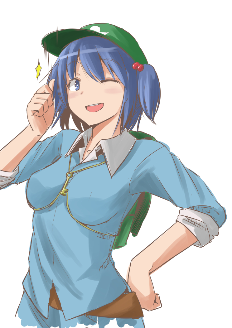 1girl backpack bag blue_eyes blue_hair blush hair_bobbles hair_ornament kappa kawashiro_nitori key m92fs one_eye_closed open_mouth short_hair simple_background smile solo touhou twintails two_side_up white_background