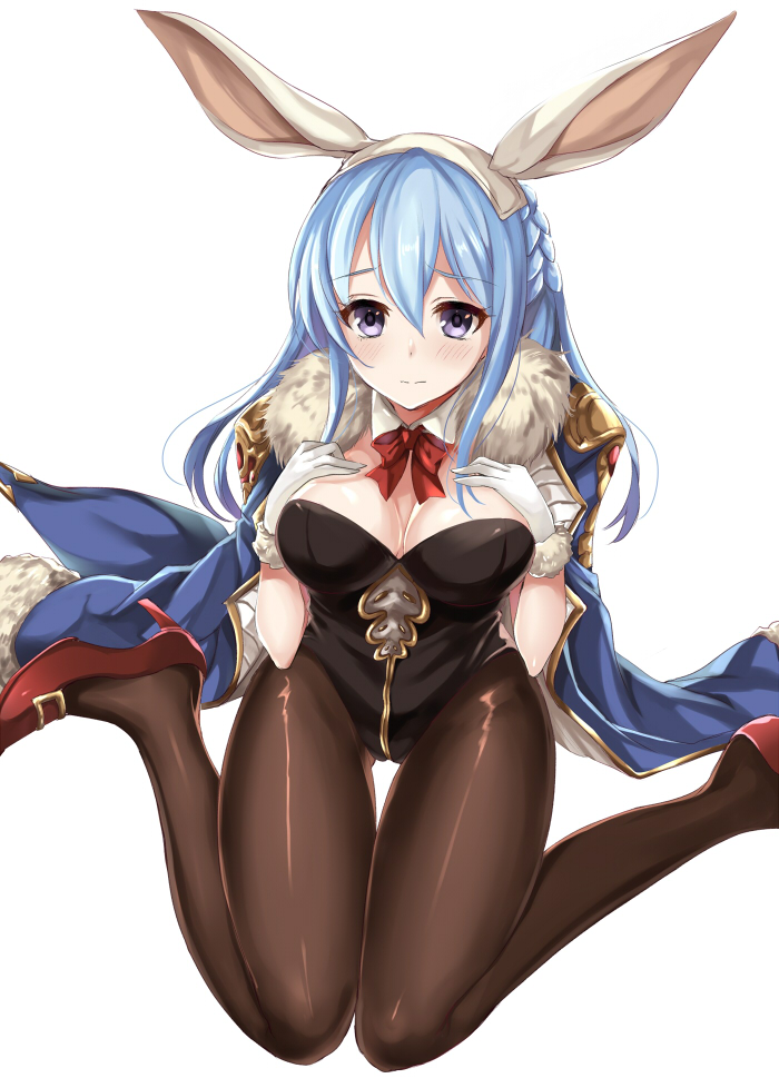 1girl animal_ears blue_cape blue_hair blush bow bowtie braid breast_suppress breasts bunnysuit cleavage collar detached_collar fake_animal_ears french_braid fur_cape fur_gloves fur_trim gloves granblue_fantasy hair_between_eyes hands_on_breasts harimoji high_heels knees_together_feet_apart leotard long_hair pantyhose rabbit_ears red_bow red_bowtie red_shoes shoes shoulder_pads sidelocks sitting solo therese_(granblue_fantasy) thigh_gap violet_eyes wariza wavy_mouth white_gloves