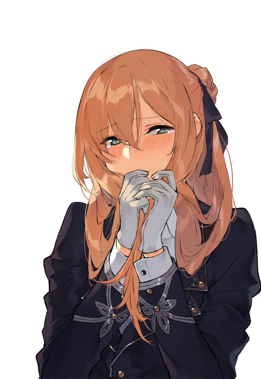 1girl black_ribbon braid brown_hair commentary_request covering_face crying cuffs duoyuanjun girls_frontline gloves green_eyes hair_between_eyes hair_bun hair_ribbon happy happy_tears highres holding_hair jacket long_hair looking_at_viewer m1903_springfield_(girls_frontline) personification ribbon simple_background smile solo tears upper_body white_background white_gloves