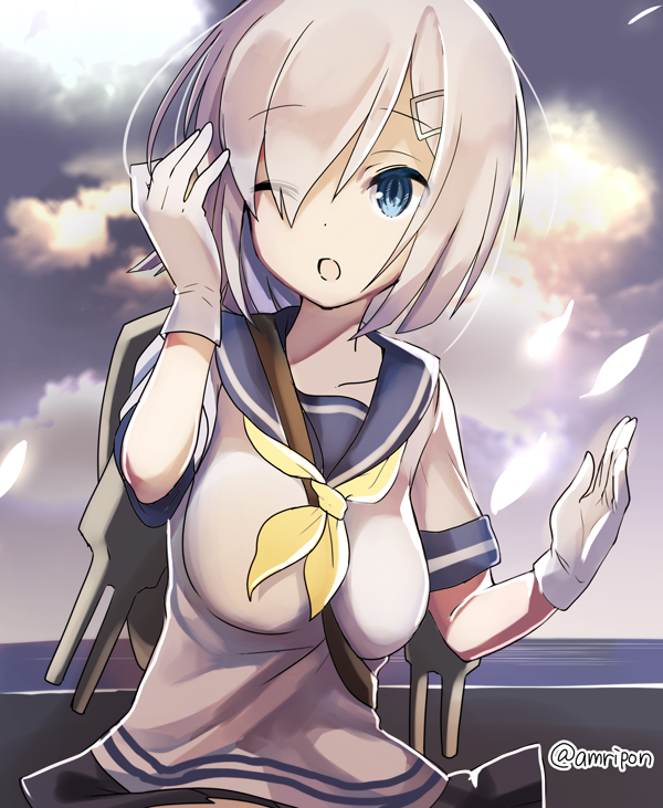 1girl amripo blue_eyes breasts commentary_request gloves hair_ornament hair_over_one_eye hairclip hamakaze_(kantai_collection) kantai_collection large_breasts looking_at_viewer open_mouth school_uniform serafuku short_hair silver_hair solo white_gloves white_hair
