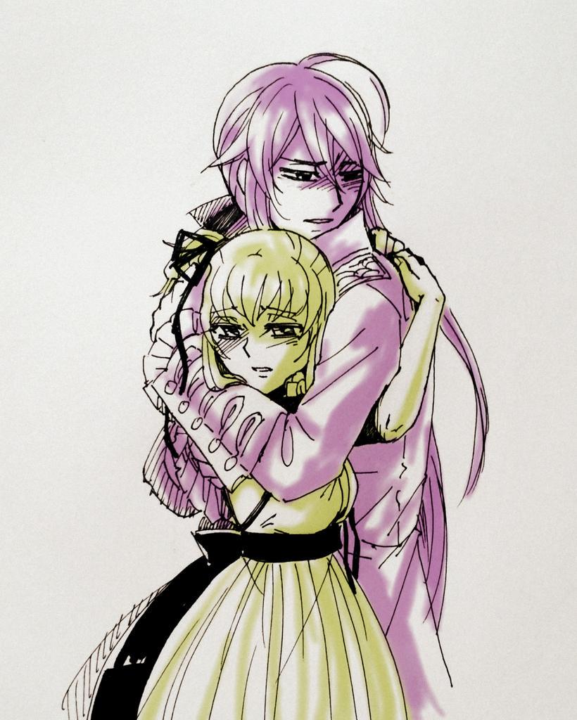 1boy 1girl cravat gumi hetero hug kamui_gakupo long_hair looking_away monochrome rooomi sad short_hair side_ponytail venomania_kou_no_kyouki_(vocaloid) vocaloid