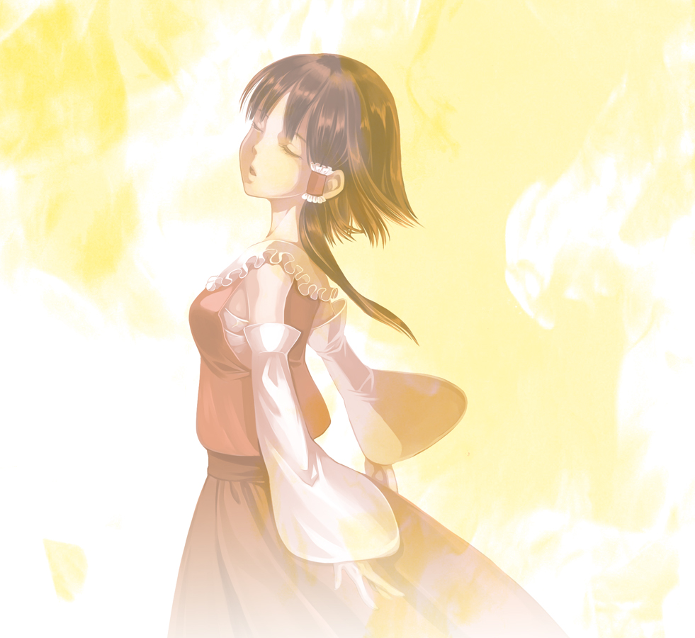 1girl alternate_hair_length alternate_hairstyle bangs brown_hair closed_eyes detached_sleeves frilled_collar from_side hair_tubes hakurei_reimu japanese_clothes kyuu_umi miko parted_lips red_skirt sarashi short_hair_with_long_locks skirt skirt_set solo touhou yellow_background